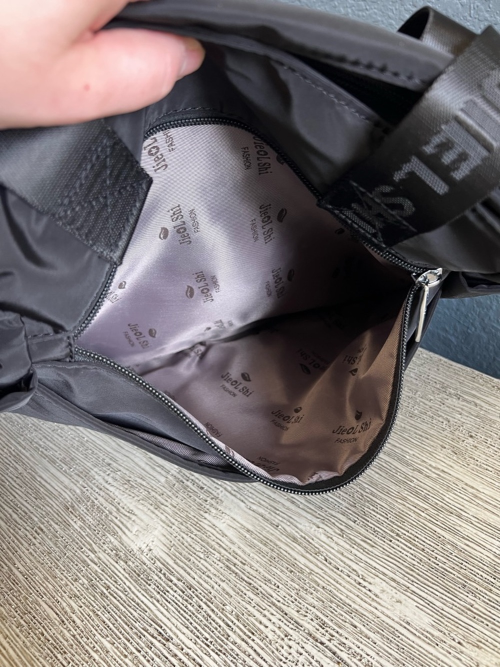 Black Shoulder Tote Bag with Logo Webbing Straps - Picture 7 of 10